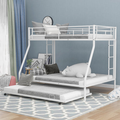 Twin over Full Bunk Bed with Trundle and Steel Frame - White