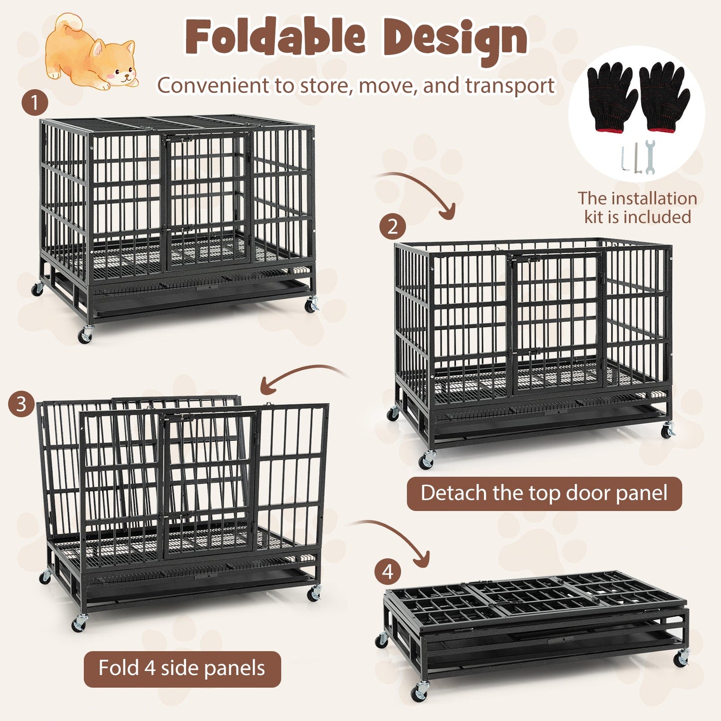 Cage pour chien en métal pliable et robuste de 38 pouces avec roulettes verrouillables