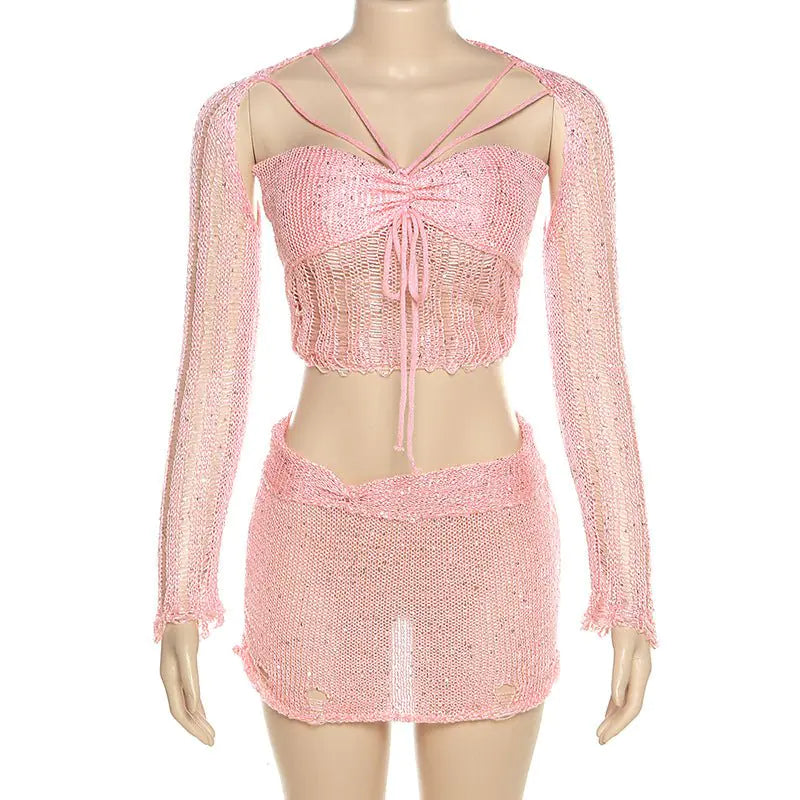 Conjunto de Falda Mini de Crochet Desgastado Dulce Como el Azúcar