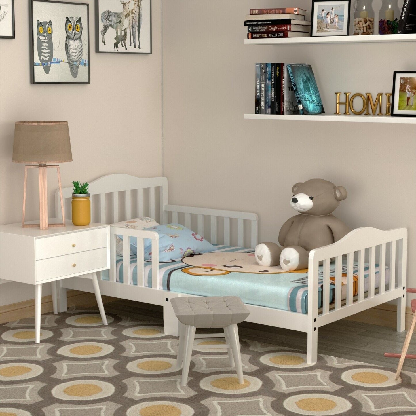 Classic Wood Toddler Bed Frame with Safety Guardrails - White
