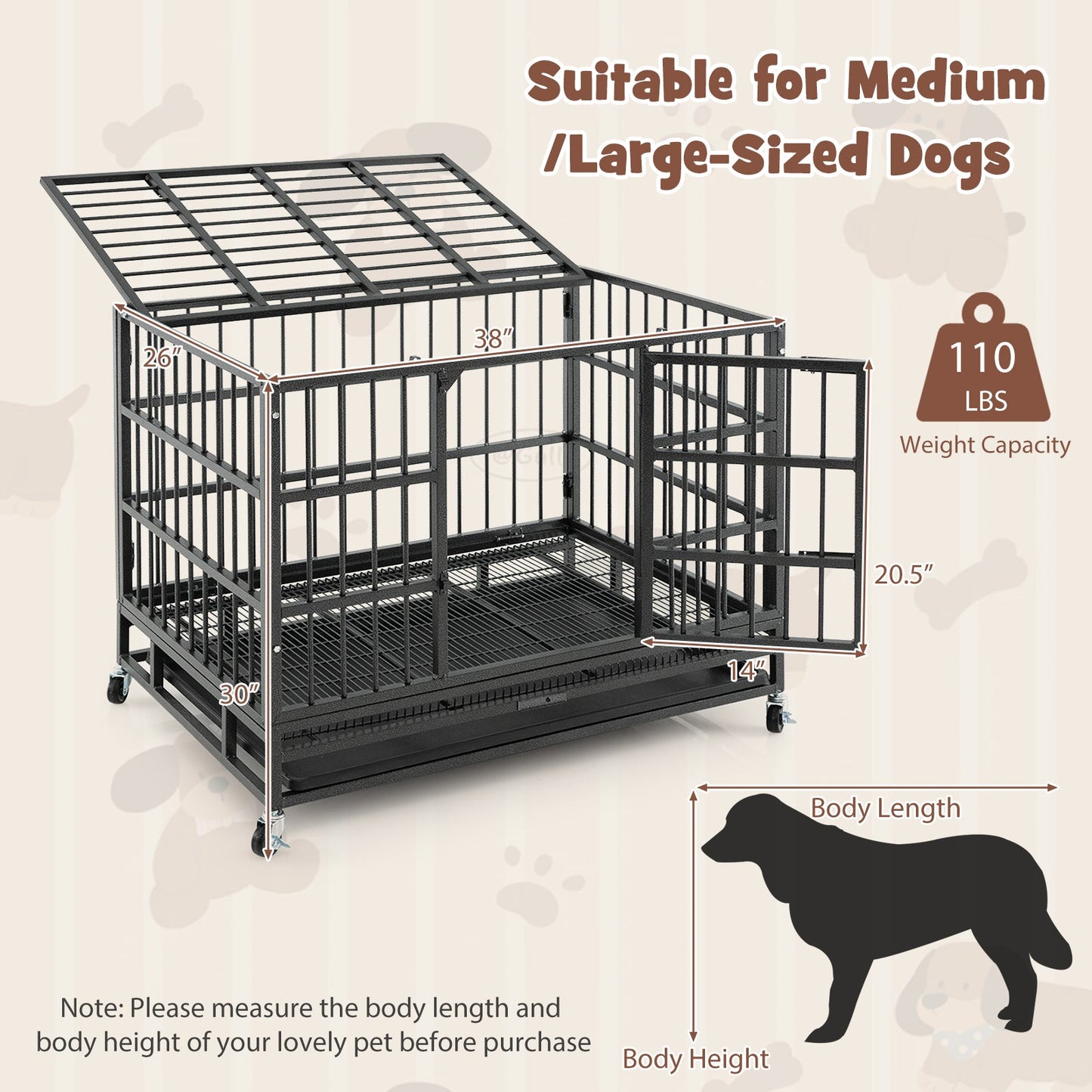 Cage pour chien en métal pliable et robuste de 38 pouces avec roulettes verrouillables