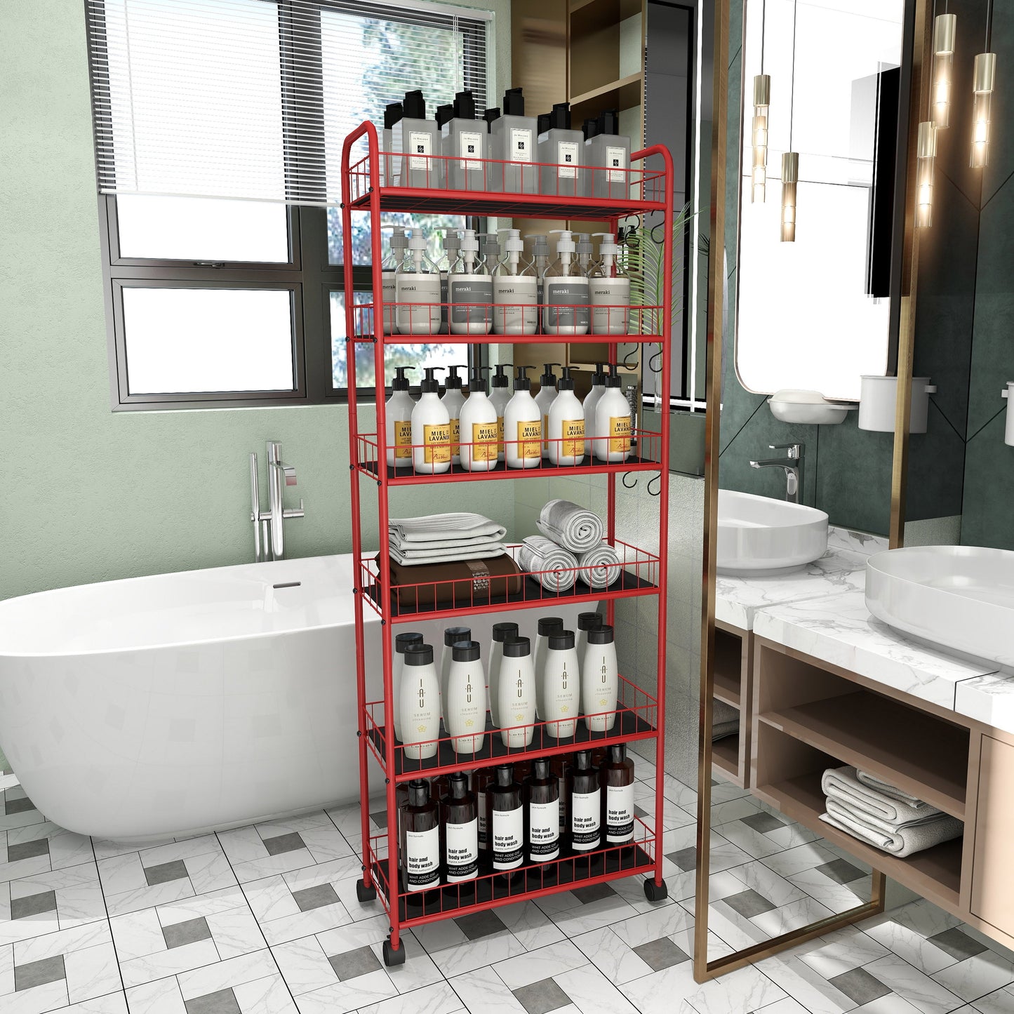 Red 6-story ultra-thin rolling storage cart, mobile shelves with wheels, metal wire storage rack with baskets - Korvel