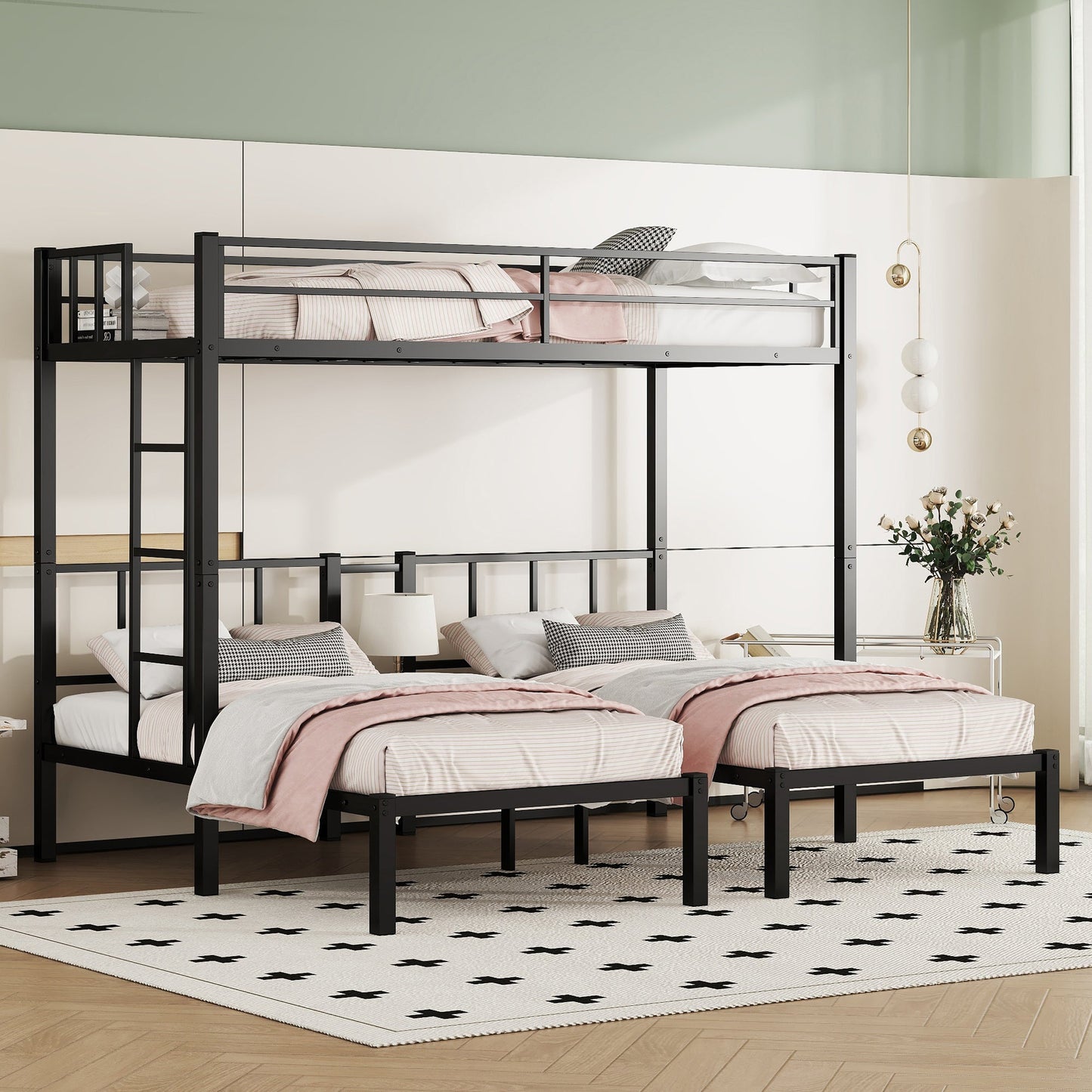 Twin over Twin & Twin Bunk Beds for 3, Twin XL over Twin & Twin Bunk Bed Metal Triple Bunk Bed, Black - Korvel