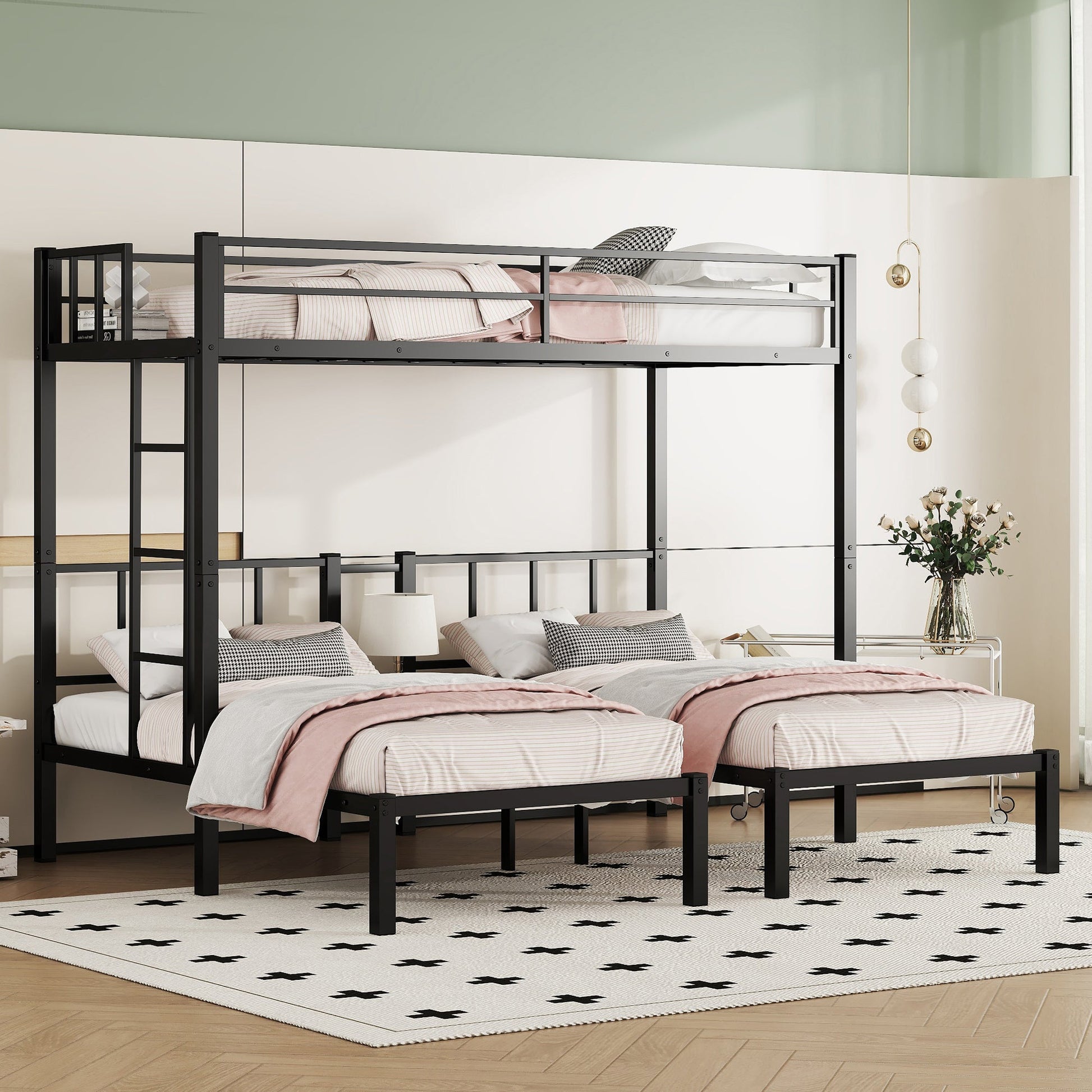 Twin over Twin & Twin Bunk Beds for 3, Twin XL over Twin & Twin Bunk Bed Metal Triple Bunk Bed, Black - Korvel