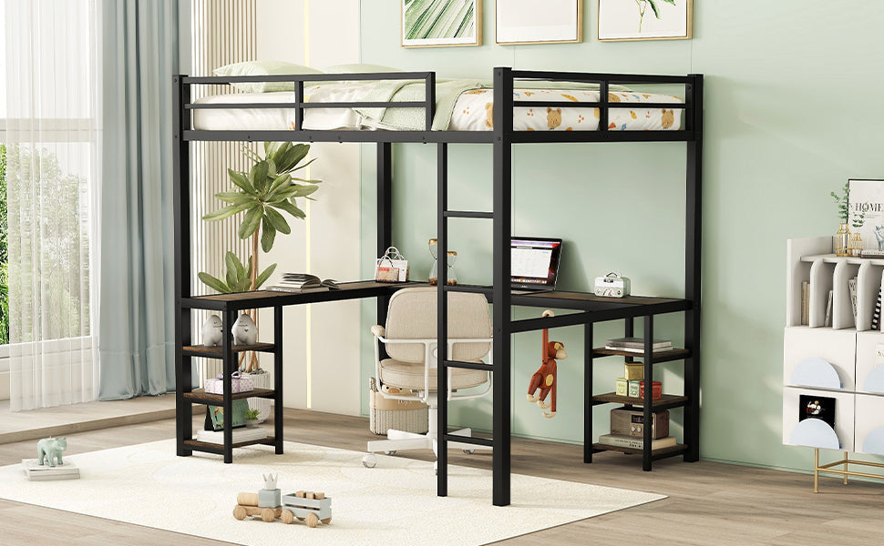 Full Metal Loft Bed with Desk and Shelves, Loft Bed with Ladder and Guardrails, Loft Bed Frame for Bedroom, Black - Korvel