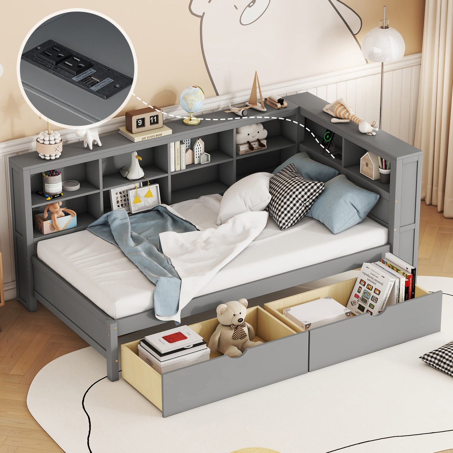 Wooden Twin Size Daybed with Storage and USB Ports - Grey