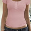 Ribbed Button Detail Round Neck Short Sleeve T-Shirt