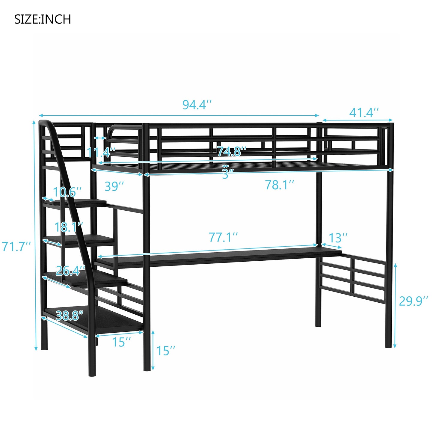 Metal Loft Bed Frame with Desk  No Box Spring Needed Twin Black - Korvel