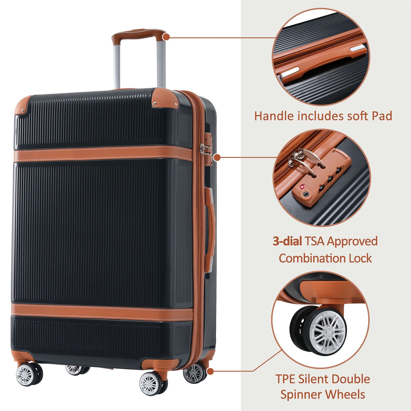 Hardshell Luggage Sets 3 Piece double spinner 8 wheels Suitcase with TSA Lock Lightweight 20''24''28'' Black + ABS - Korvel