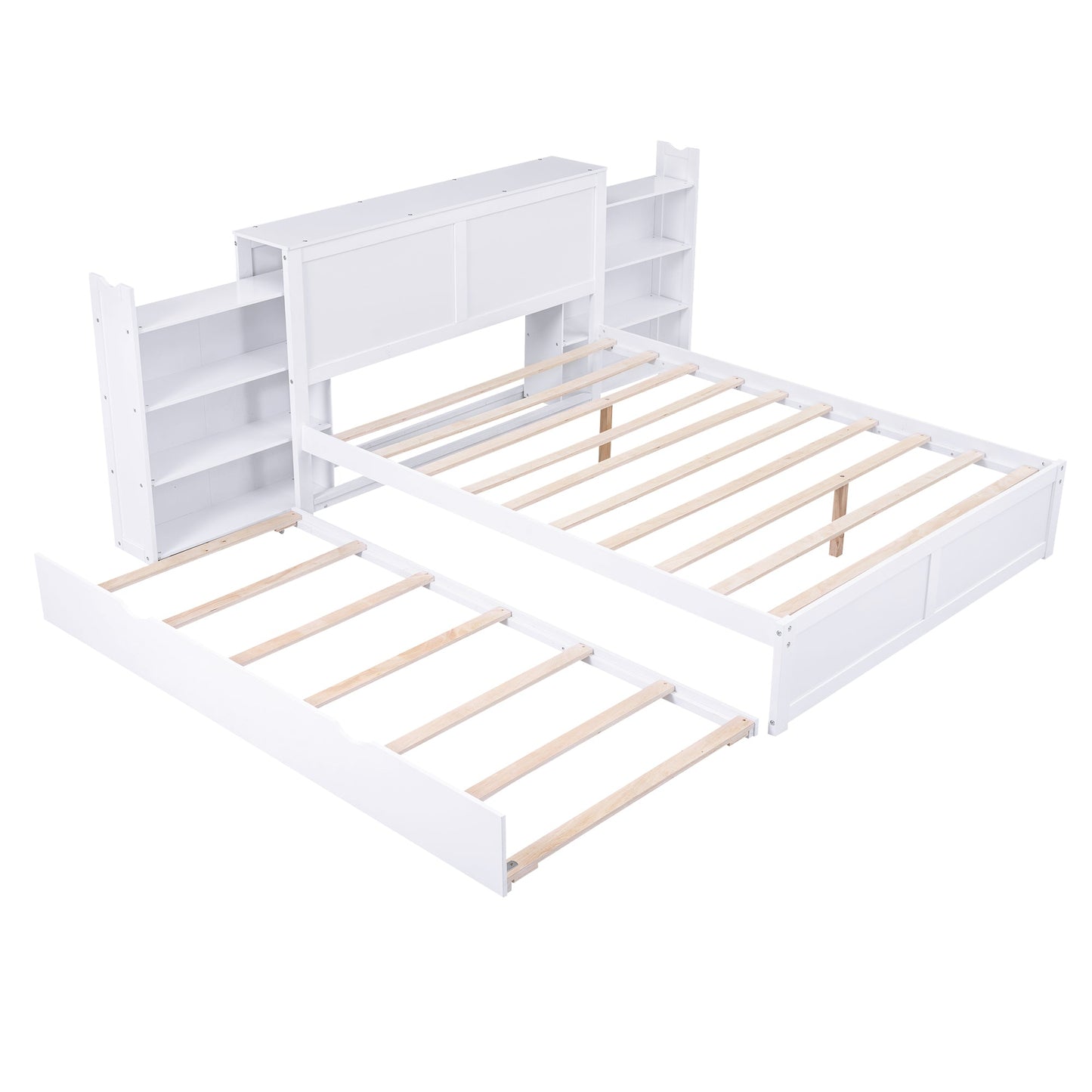 Queen Size Storage Platform Bed with Pull Out Shelves and Twin XL Size Trundle  White - Korvel