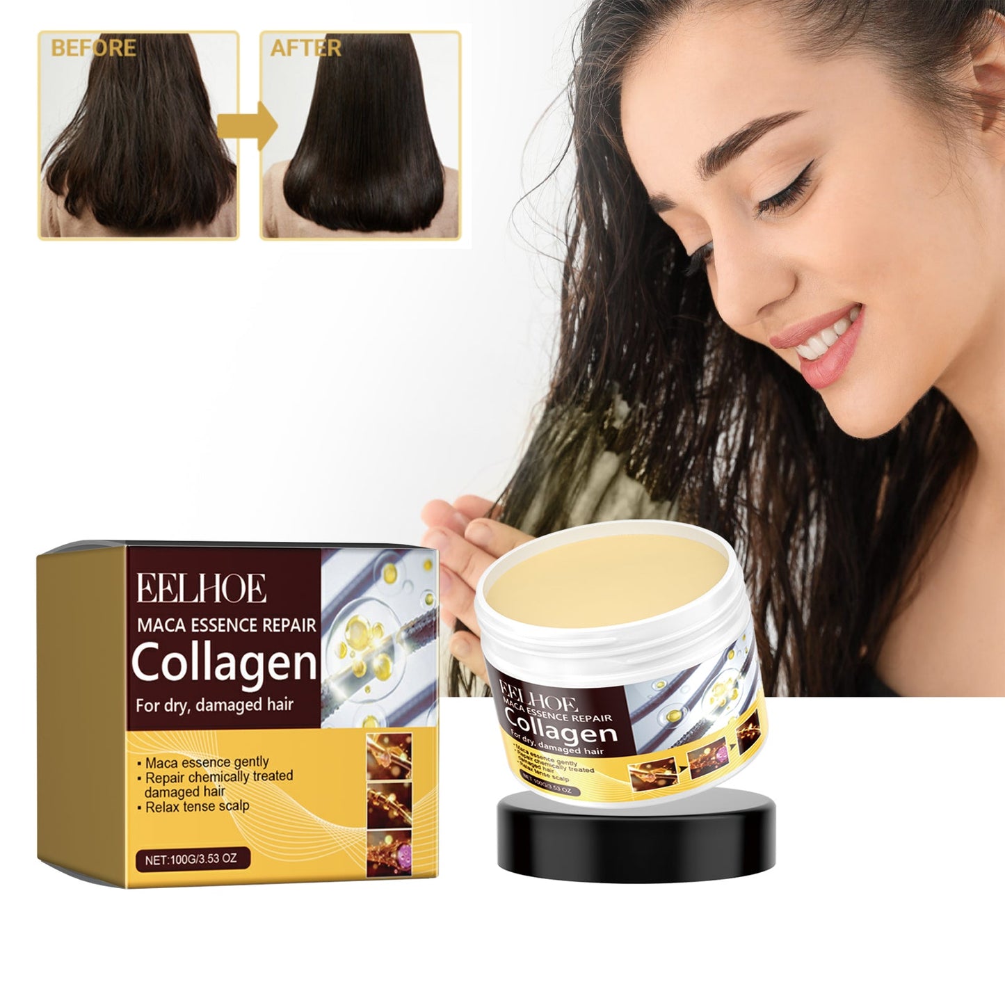 Maca Essence Repair Collagen, Repair Dry Short-Tempered Knot Hair Strong Moisturizing Smooth Hair Film - Korvel