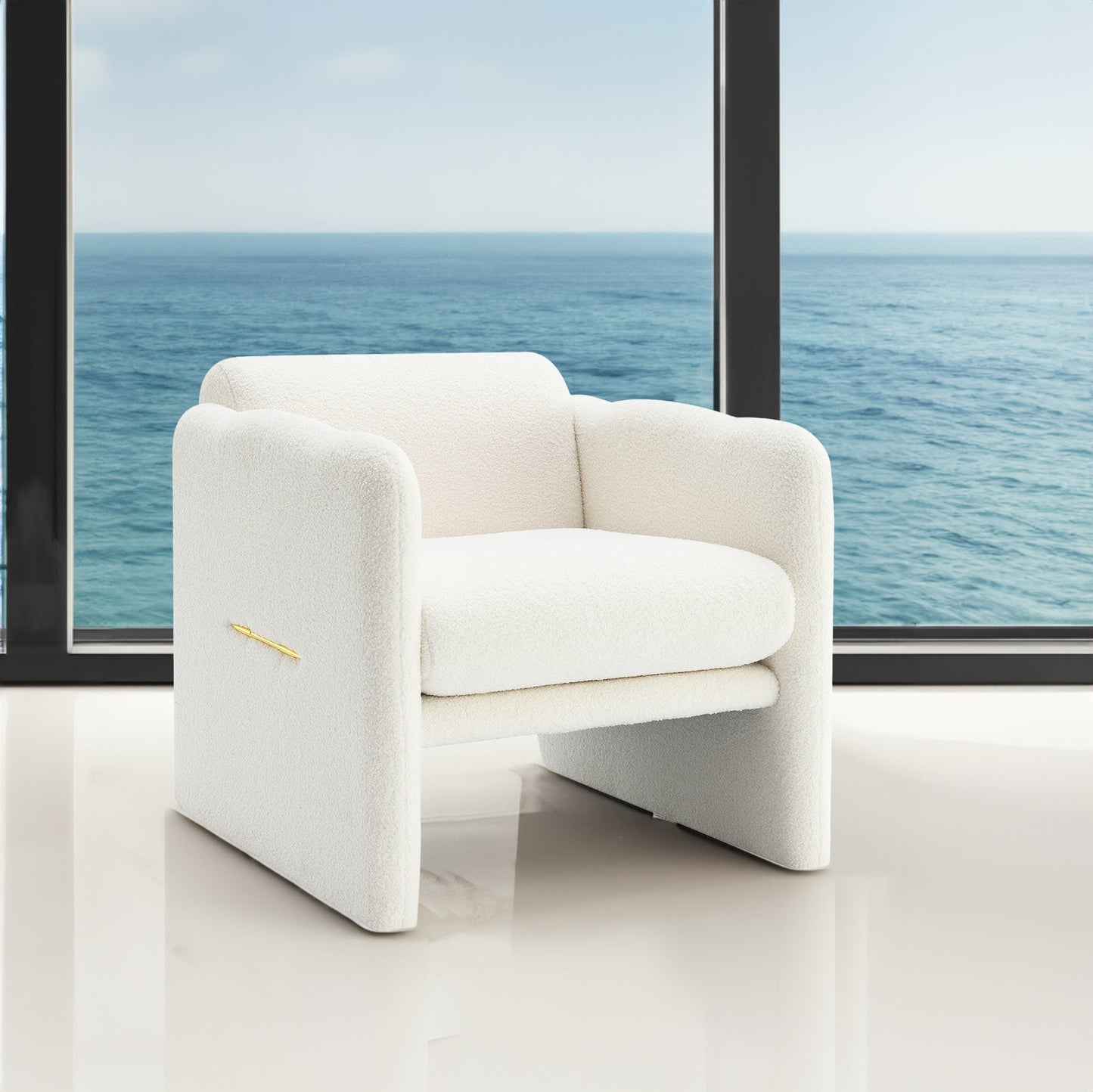 Sofá Blanco Elegante con Reposabrazos Ondulados y Accentos Metálicos