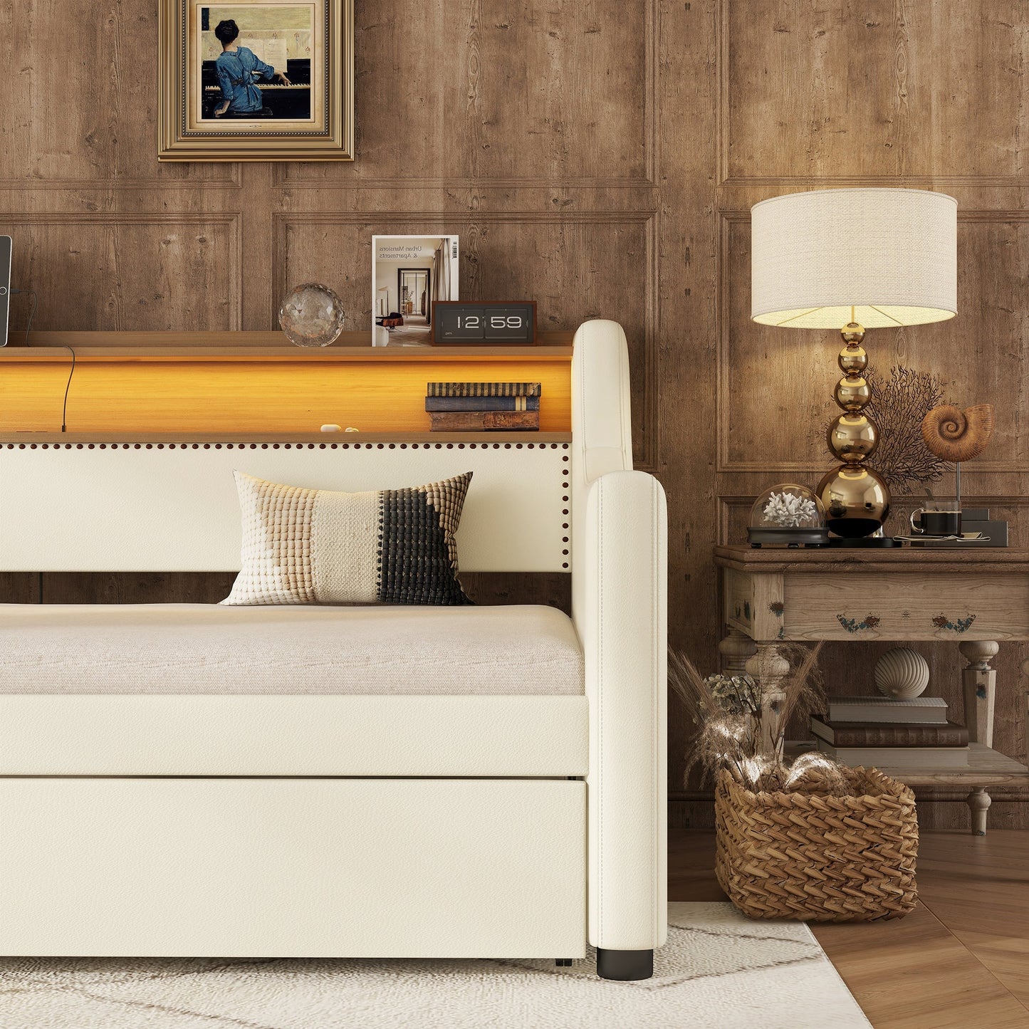 Twin Size Daybed with Trundle, Upholstered Daybed with Charging Station and LED Lights, White - Korvel