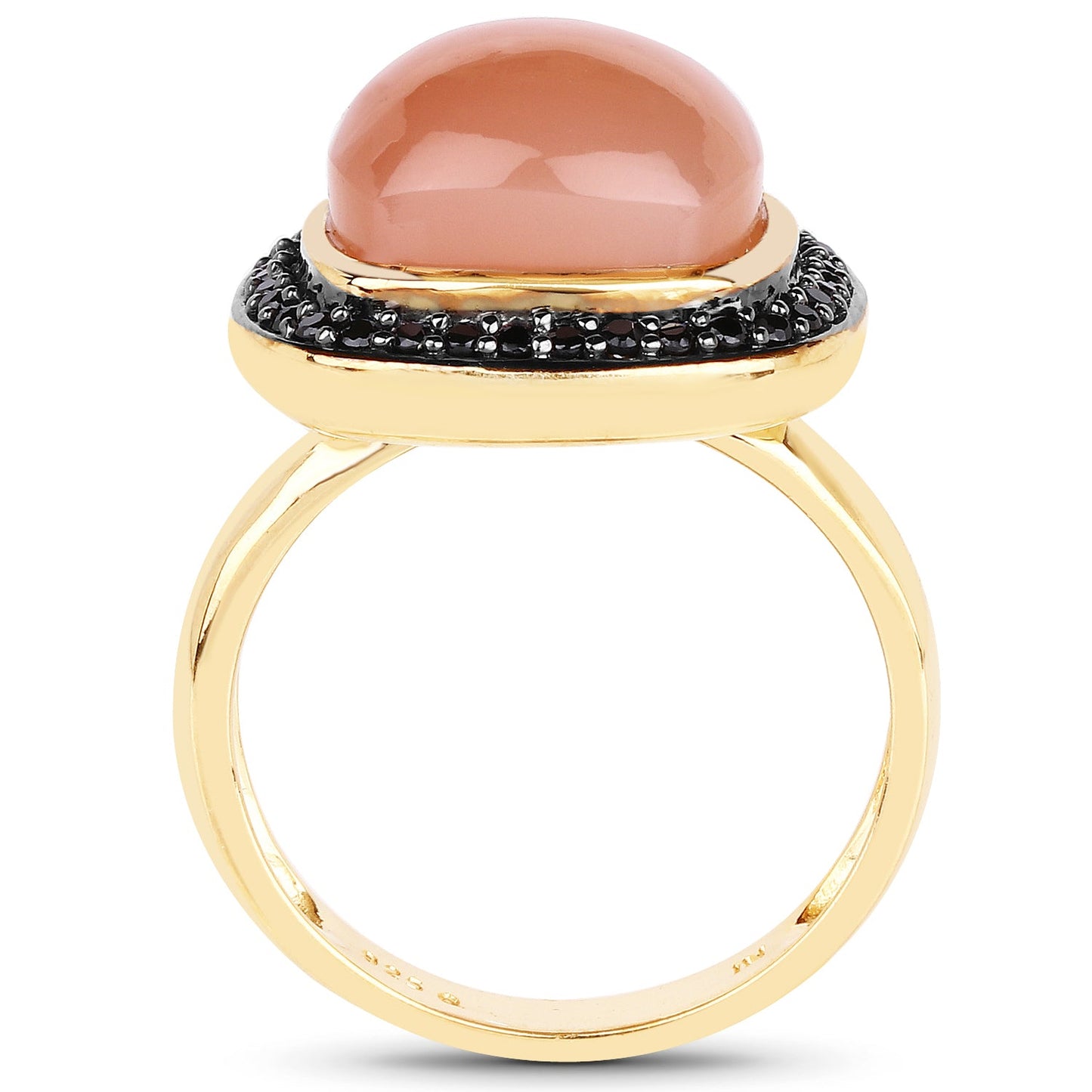 Bague en Pierre de Lune Pêche et Spinelle Noir Plaquée Or Jaune 14K