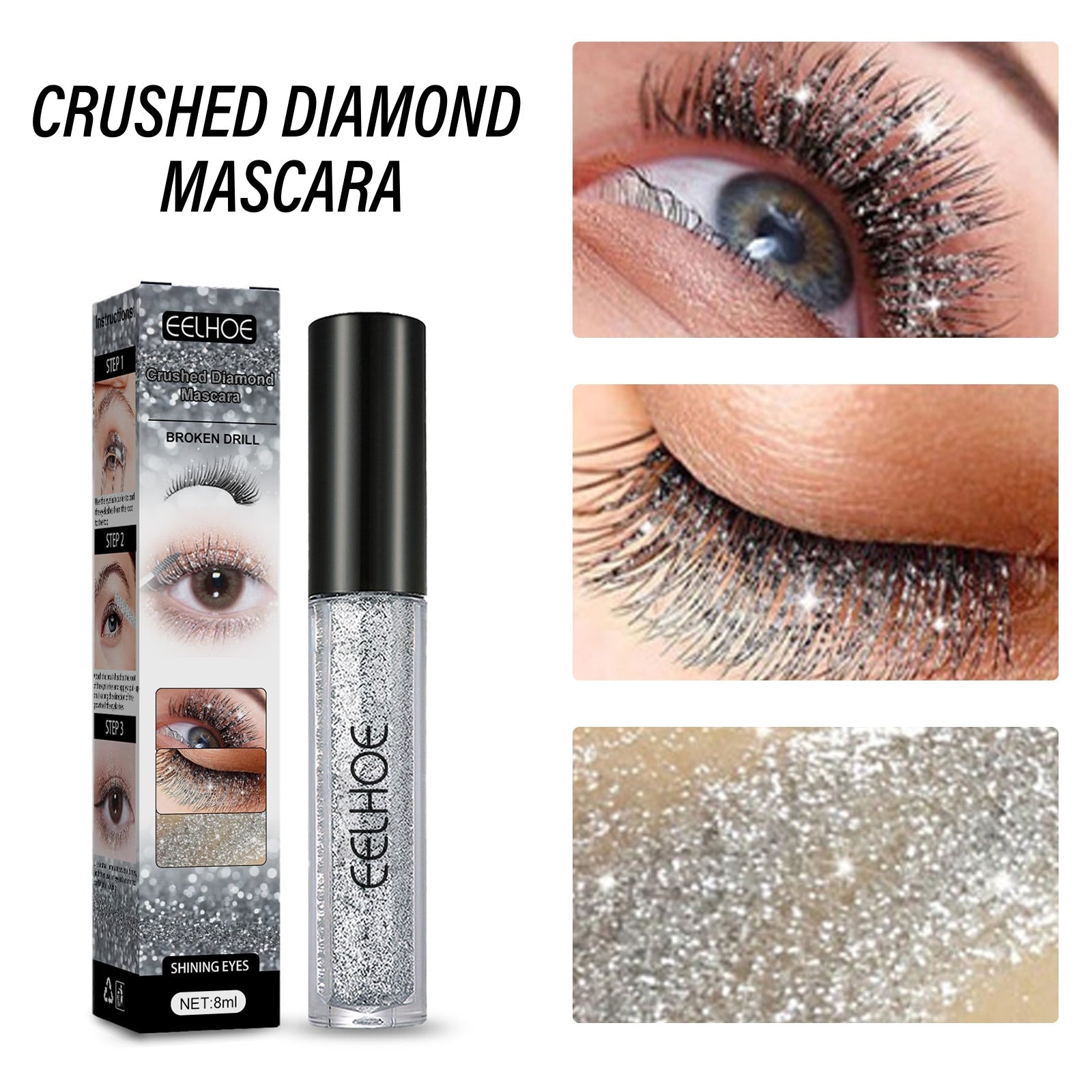 Crushed Diamond Mascara, Set Primer Instant Dry Film Flash Tear Eye Non-Smell-Free Mascara - Korvel