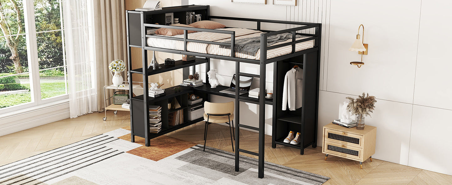 Lit mezzanine en métal premium avec armoire et bureau