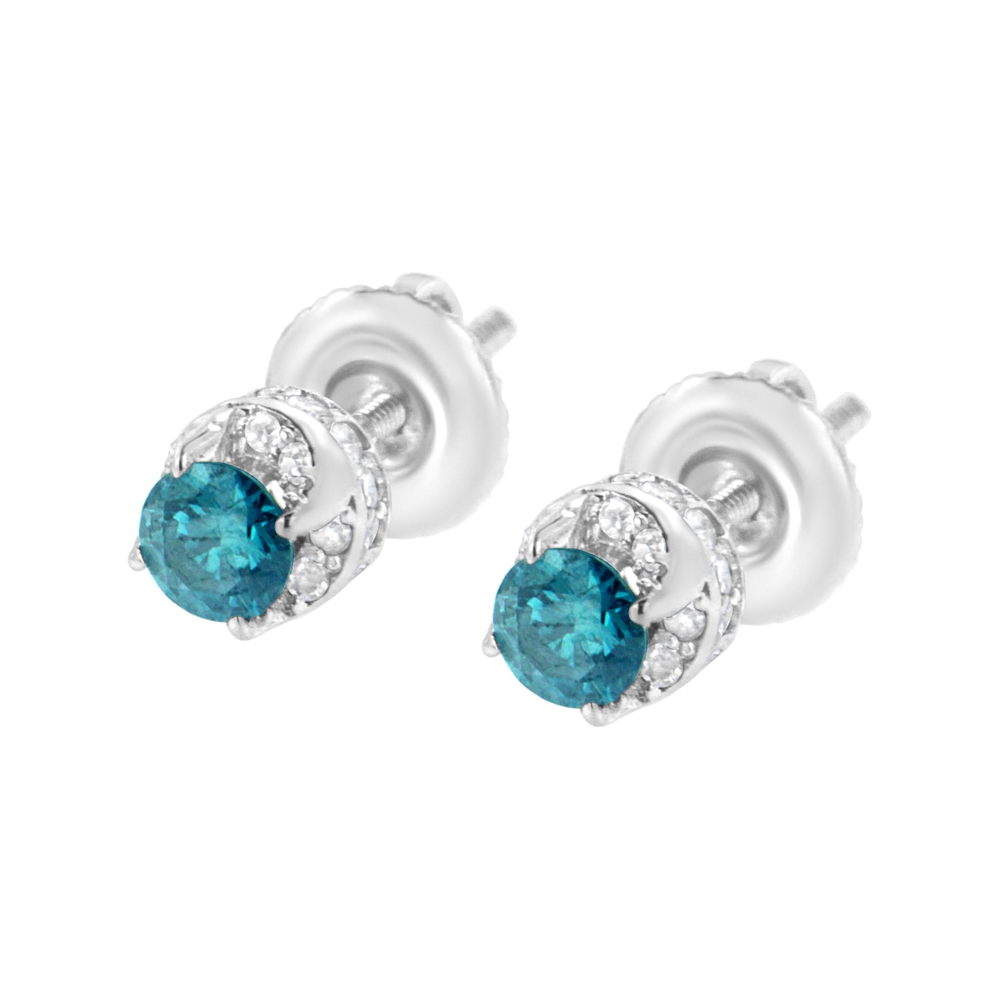 Pendientes de Diamante Redondo de Oro Blanco de 14K con Acento Azul