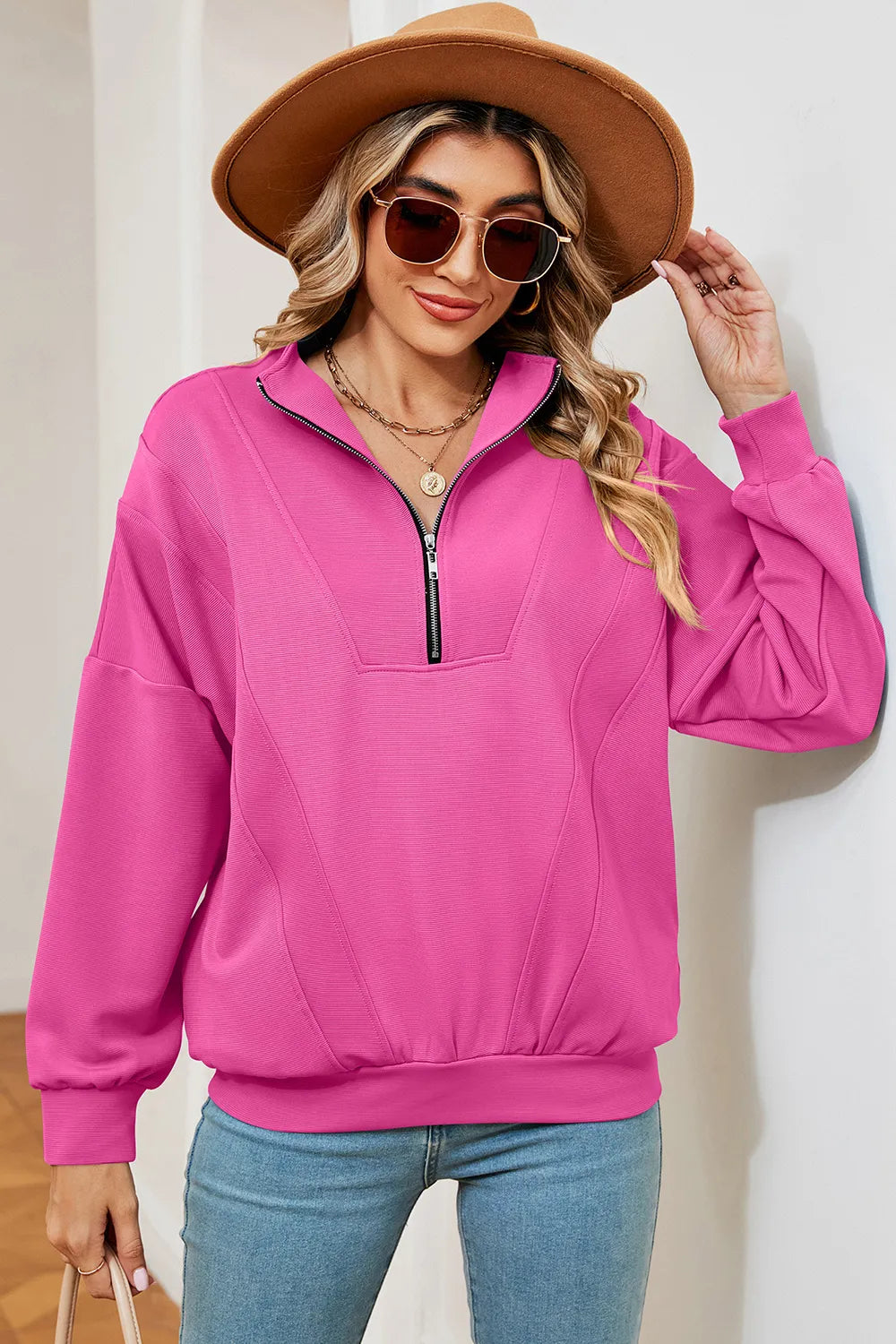 Solid Color Zipper Long Sleeve Pullover Sweatshirt for Women