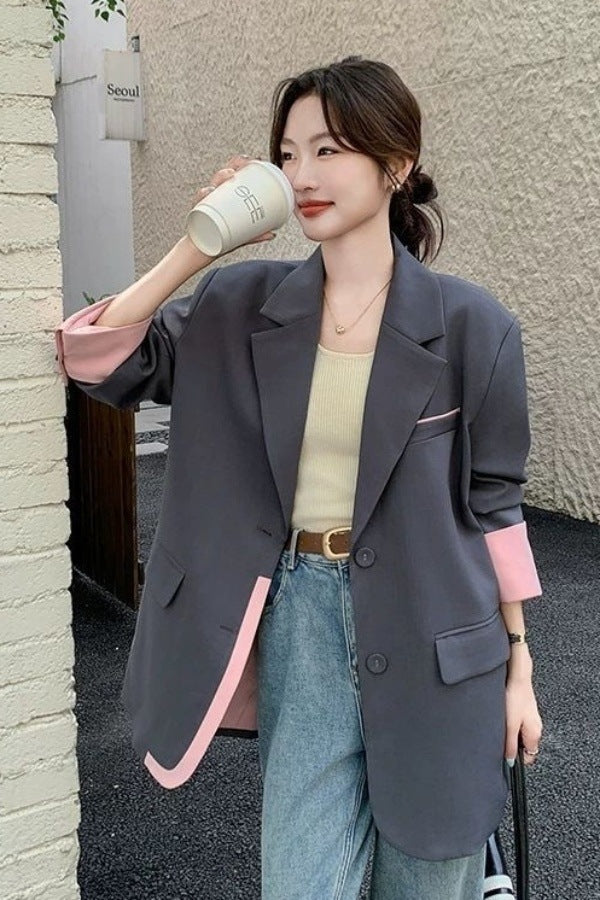 Blazer de Color Block en Parchwork Gris de Moda