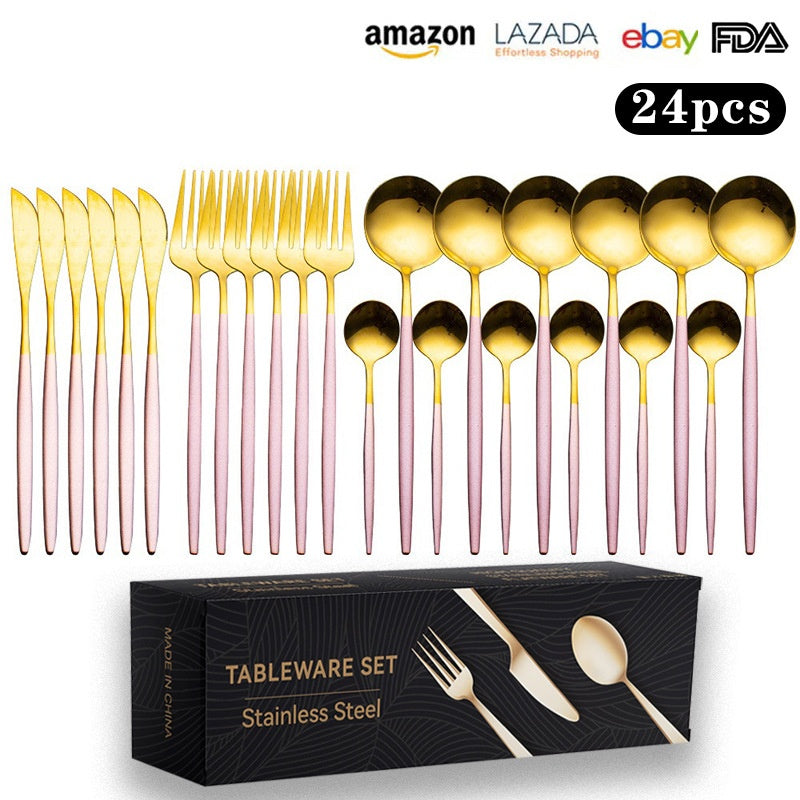 Cutlery Set Stainless Steel Knife Fork Set 24-Piece Tableware Set Golden Steak Knife Fork Spoon 6-Person Set - Korvel