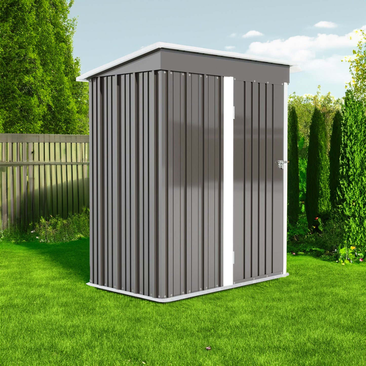 5 * 3FT outdoor storage shed, tool shed with sloping roof and lockable door, backyard garden metal shed, courtyard lawn, gray - Korvel