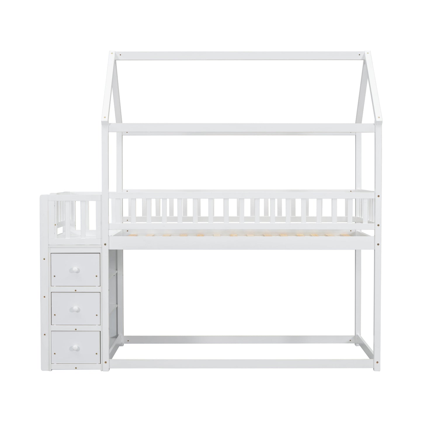 TWIN/TWIN HOUSE BUNK BED WITH SHELVES AND DRAWERS FOR WHITE COLOR - Korvel