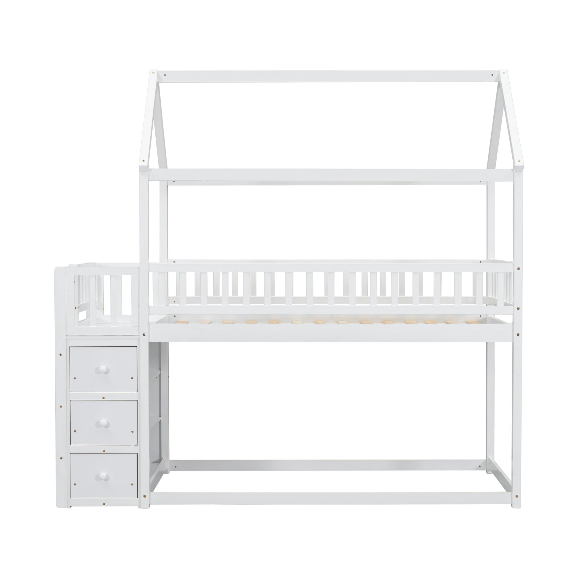 TWIN/TWIN HOUSE BUNK BED WITH SHELVES AND DRAWERS FOR WHITE COLOR - Korvel