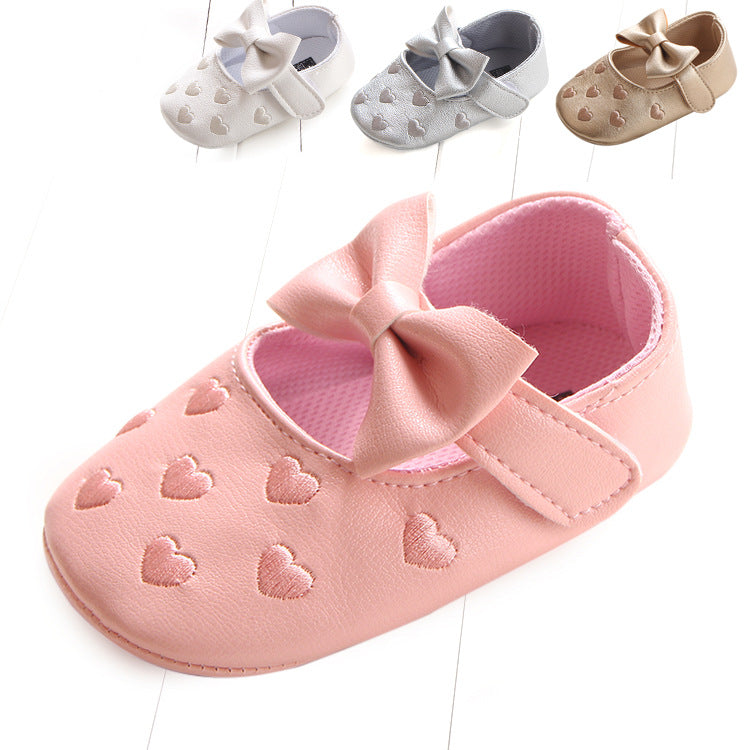 Multicolor Embroidered Peach Heart Bow Baby Shoes