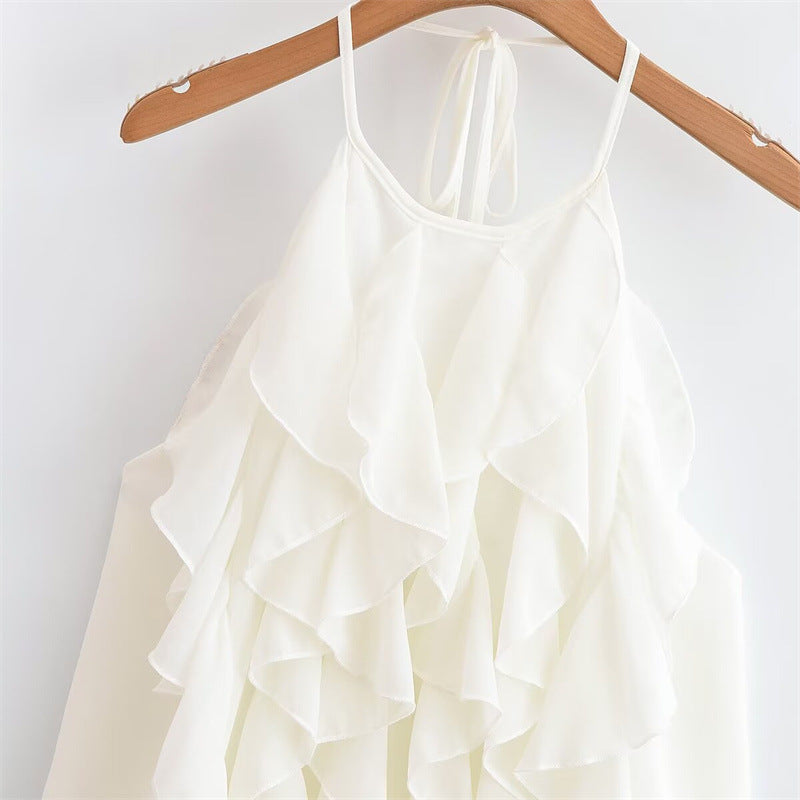 Elegant Women's Spaghetti Strap Ruffle Neck Crop Top