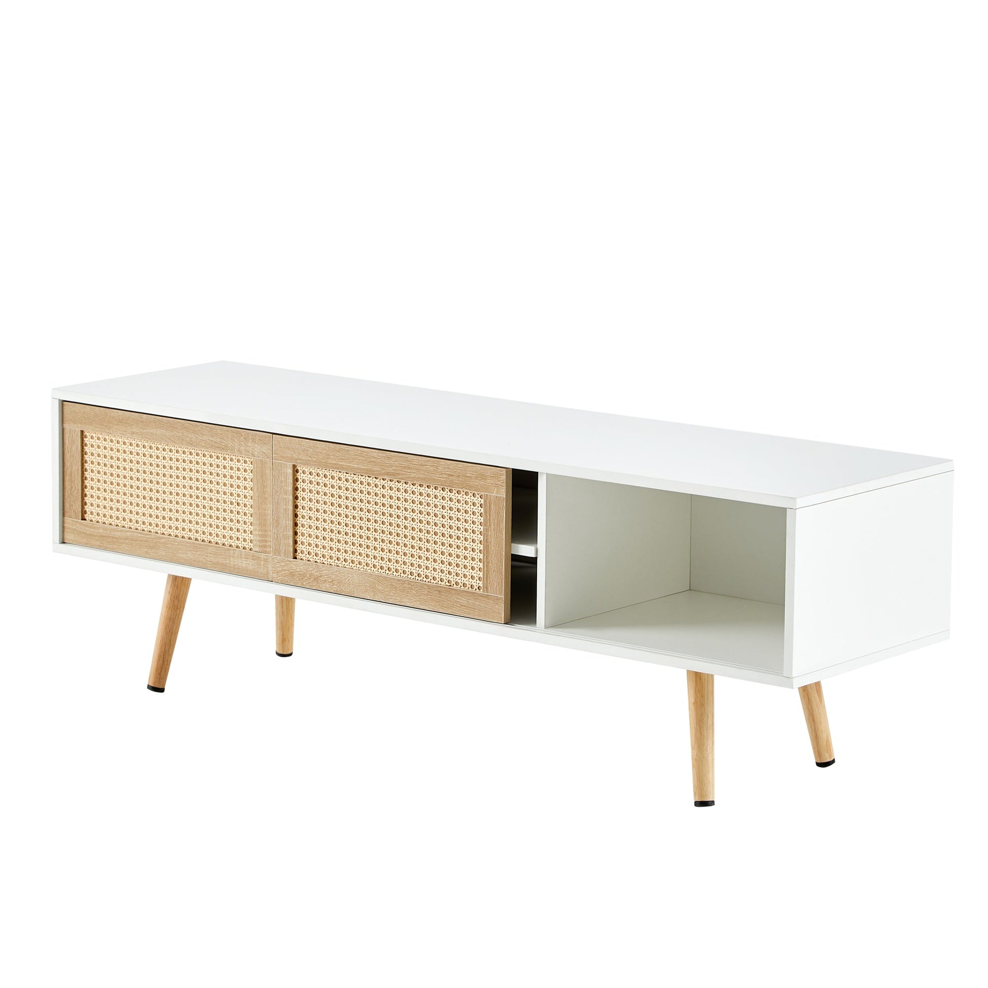 55.12" Rattan TV cabinet double sliding doors for storage adjustable shelf solid wood legs TV console for living room  White - Korvel