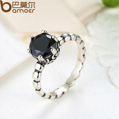 BAMOER Black Cubic Zirconia Finger Ring - Elegant Wedding Jewelry