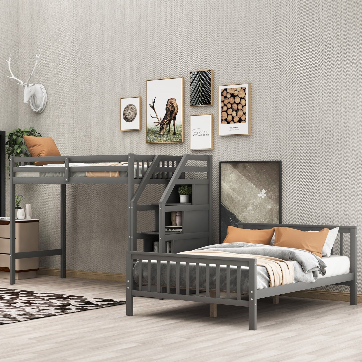 Twin over Full Loft Bed with Staircase Gray - Korvel