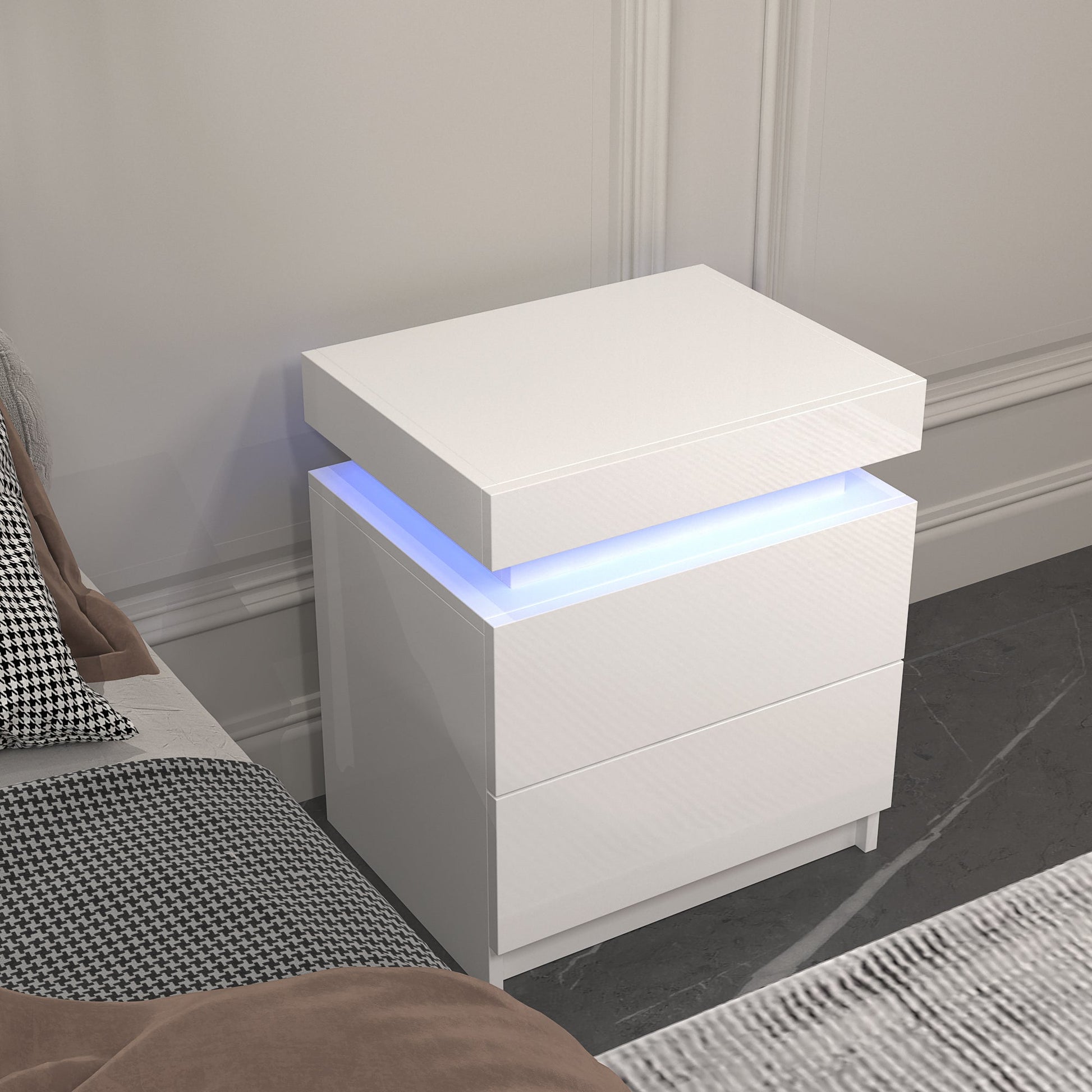 Modern white Nightstand With 2 Storage Drawers,Led Lights, End Table For Bedroom Furniture - Korvel