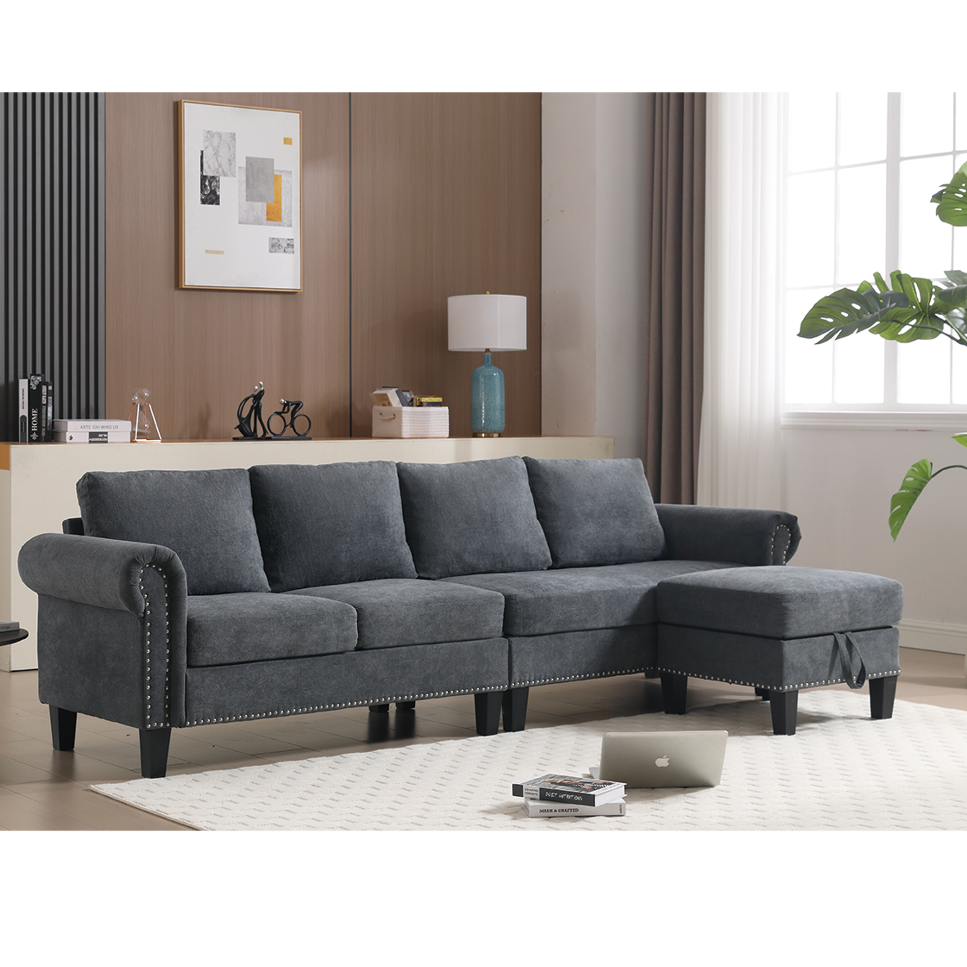 Convertible Sectional Sofa with Storage,L-shaped sofa Modern Linen Fabric Sectional Couches for Living Room,Gray - Korvel