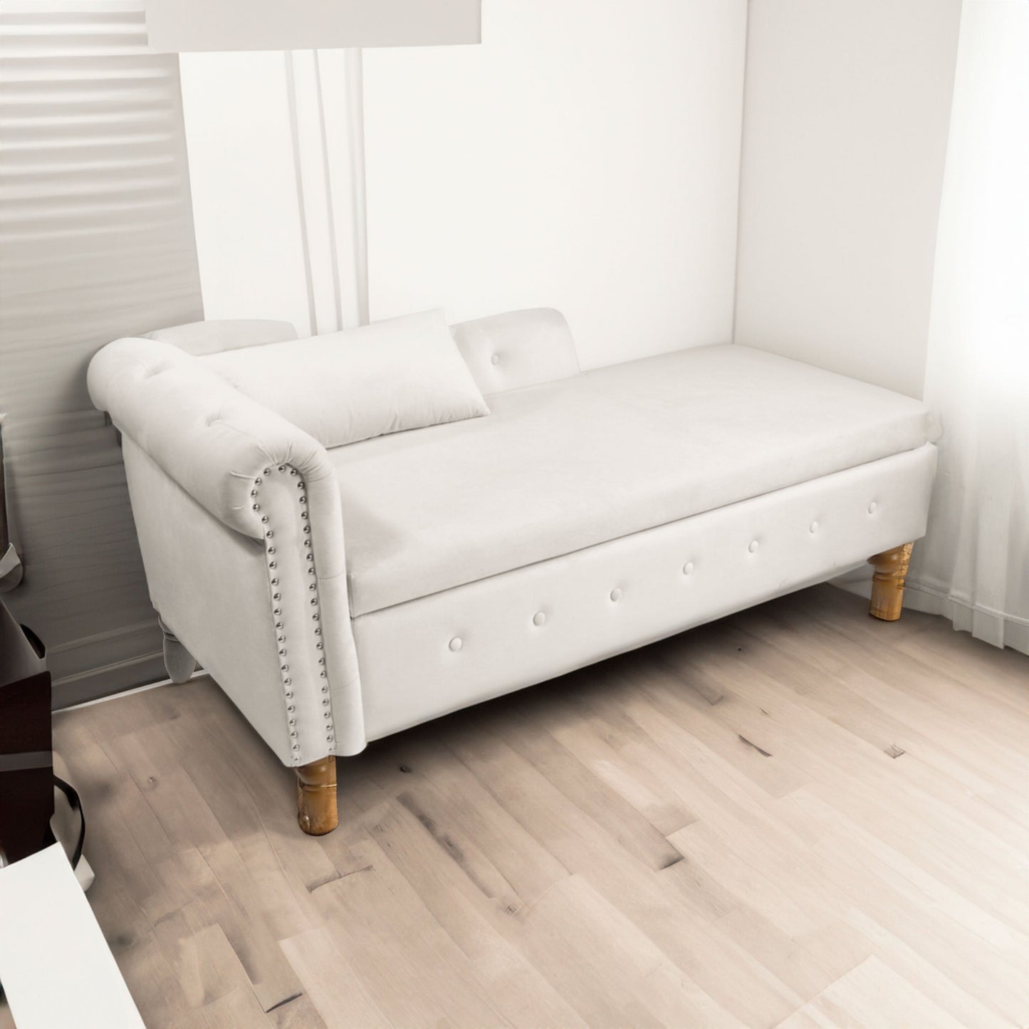 Beige Chaise Lounge Indoor Velvet Lounge Chair for Bedroom with Storage & Pillow Modern Upholstered Rolled Arm Chase Lounge - Korvel