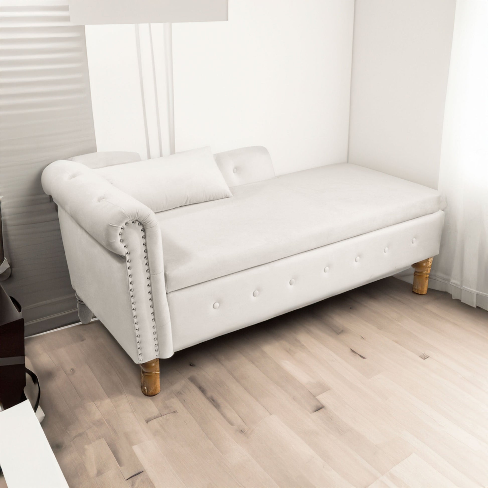 Beige Chaise Lounge Indoor Velvet Lounge Chair for Bedroom with Storage & Pillow Modern Upholstered Rolled Arm Chase Lounge - Korvel