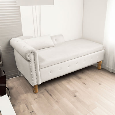 Beige Chaise Lounge Indoor Velvet Lounge Chair for Bedroom with Storage & Pillow Modern Upholstered Rolled Arm Chase Lounge - Korvel