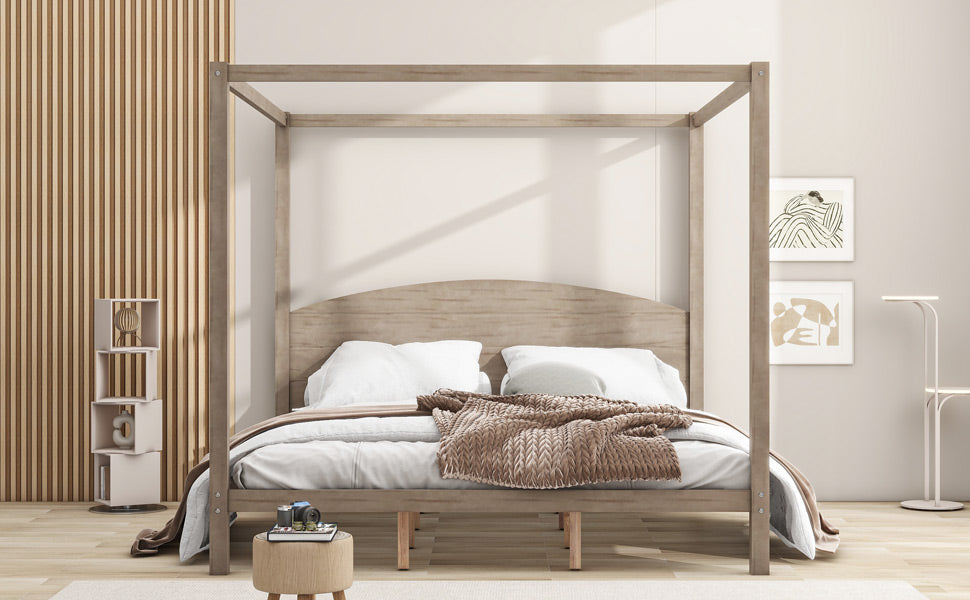 King Size Canopy Platform Bed with Headboard and Support Legs, Brown Wash - Korvel
