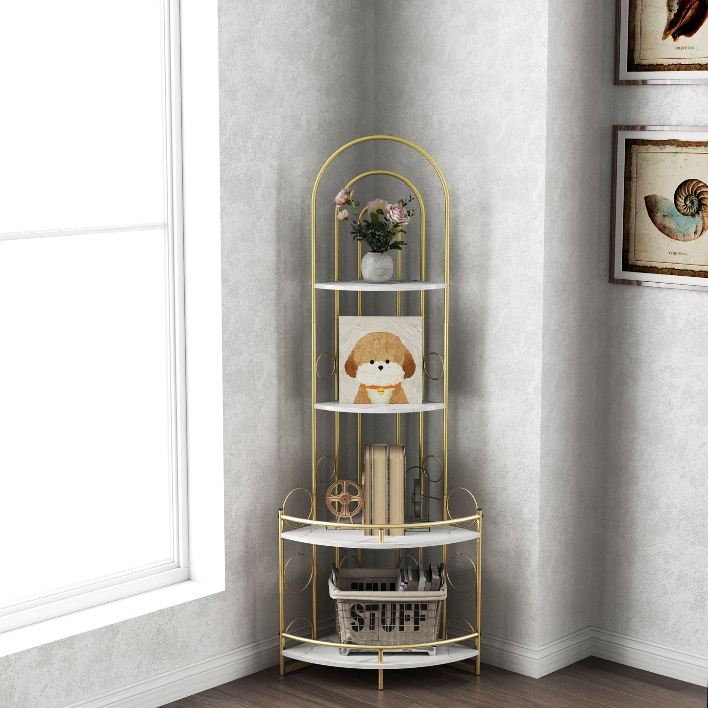 Gold 4-Tier Corner Bookshelf, Modern Style, Plant Stand with Metal Frame - Korvel