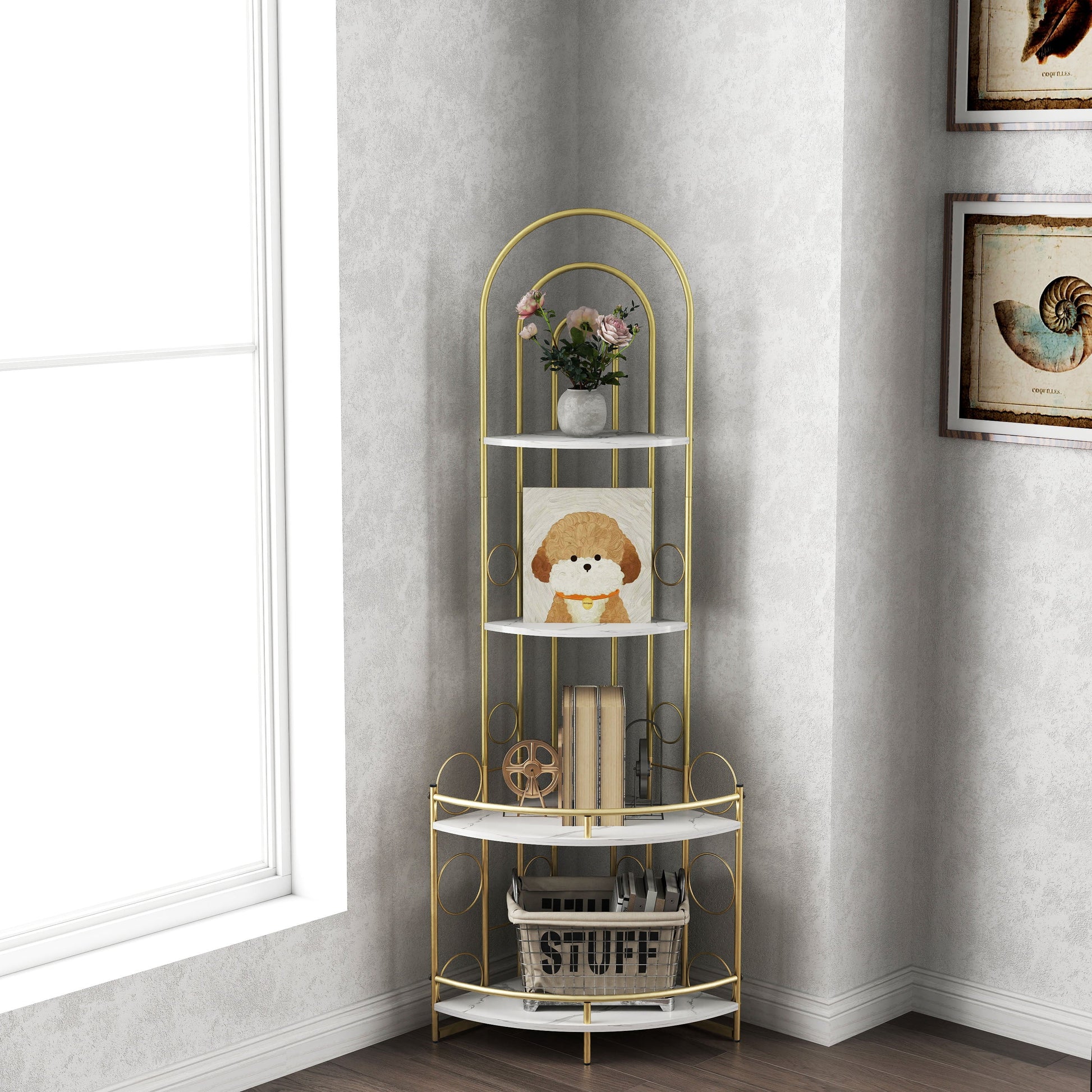 Gold 4-Tier Corner Bookshelf, Modern Style, Plant Stand with Metal Frame - Korvel
