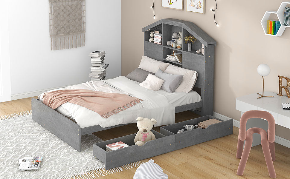Full Size Wood Platform Bed with Storage Headboard - Gray