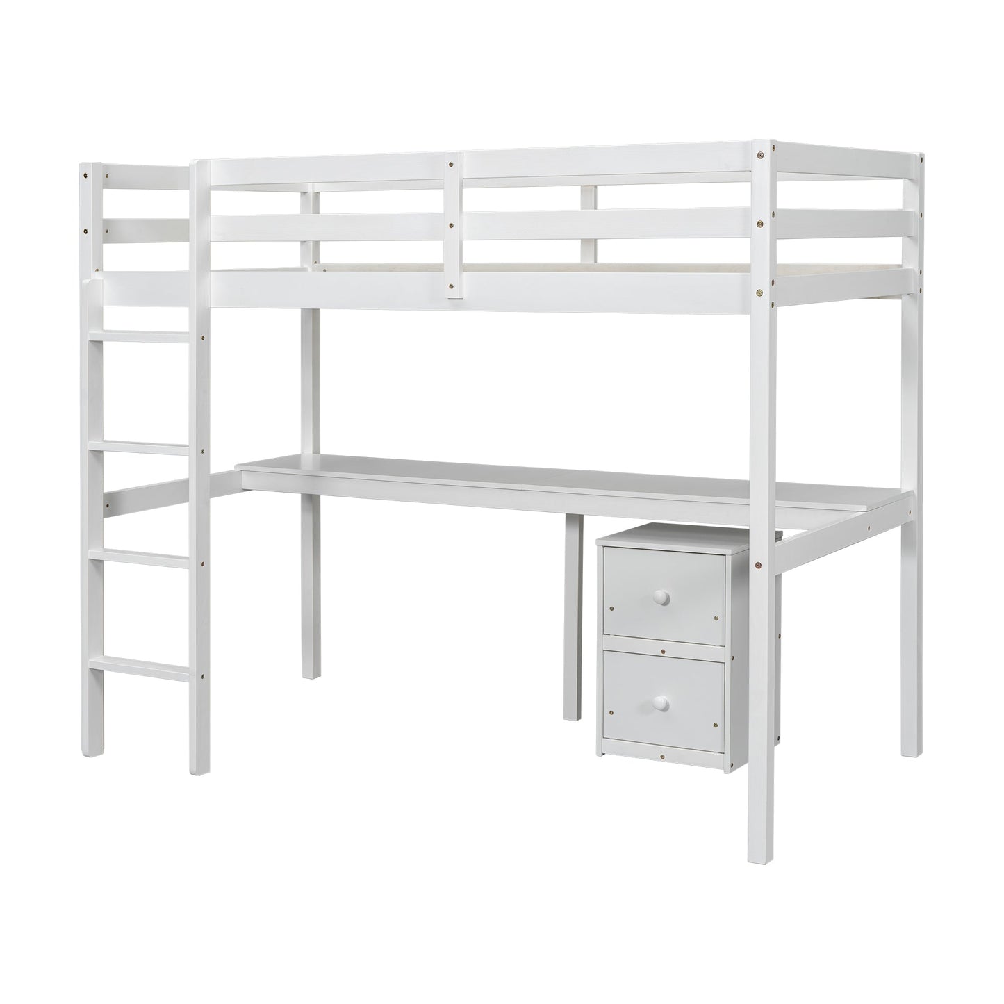 Twin Loft Wood Bed with Under-bed, Built-in Desk, a Storage Cabinet of 2 Drawers, Guardrails, Ladder,White - Korvel