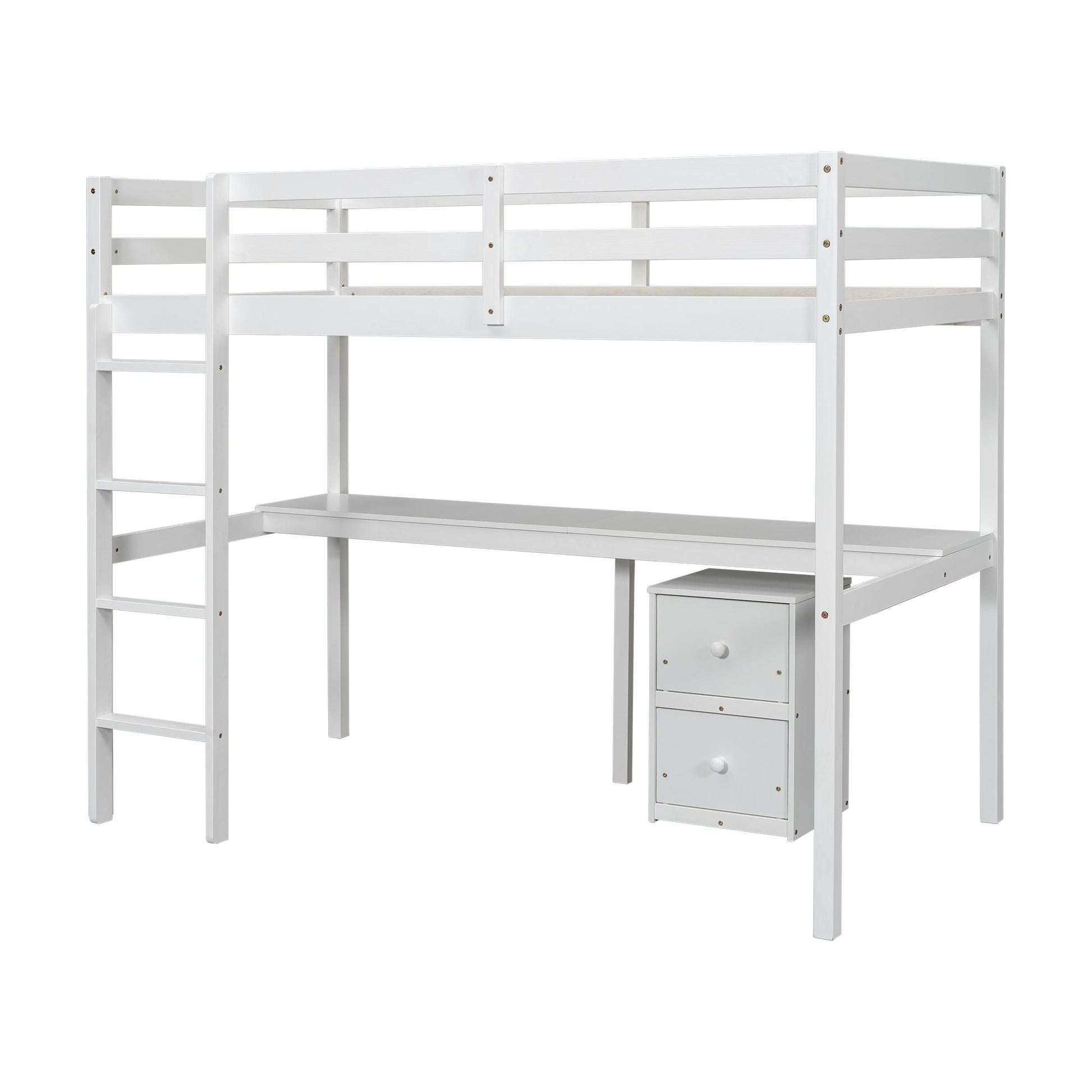 Twin Loft Wood Bed with Under-bed, Built-in Desk, a Storage Cabinet of 2 Drawers, Guardrails, Ladder,White - Korvel