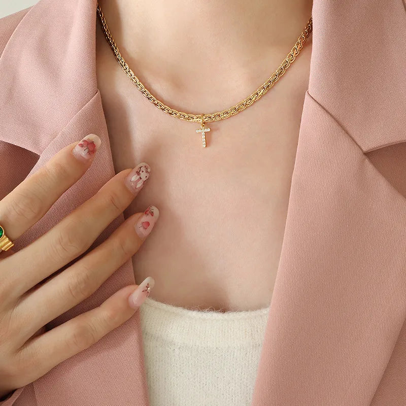 Brass Inlaid Zircon Letter Pendant Necklace - Korvel
