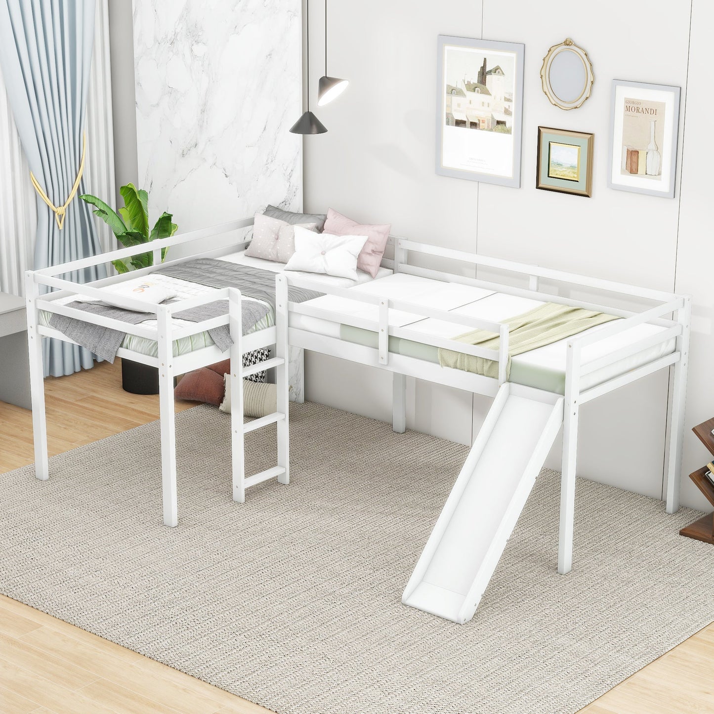 Lit mezzanine en forme de L pour enfant avec échelle et toboggan - Blanc