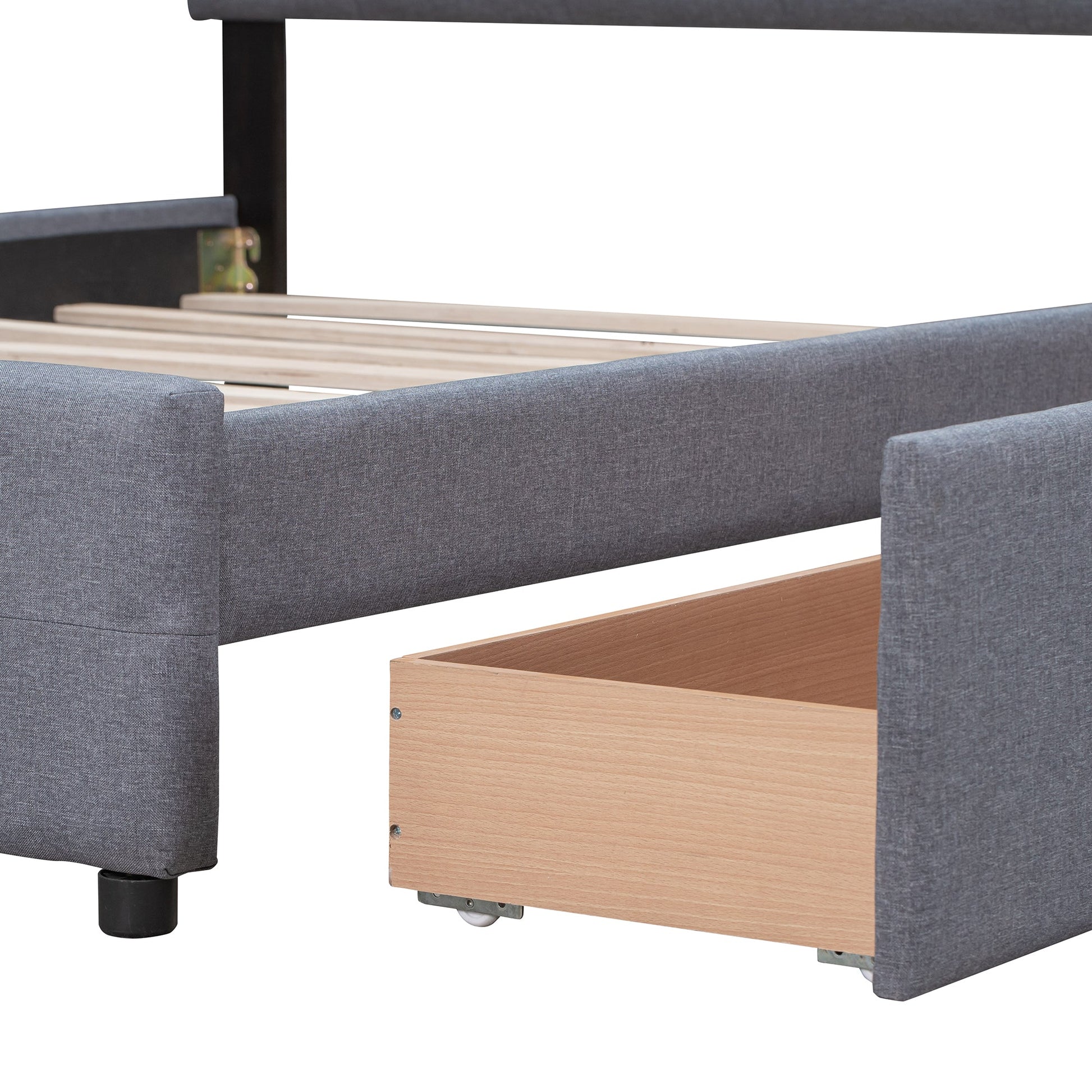 Upholstered Platform Bed with Classic Headboard and 4 Drawers No Box Spring Needed Linen Fabric Queen Size Dark gray - Korvel
