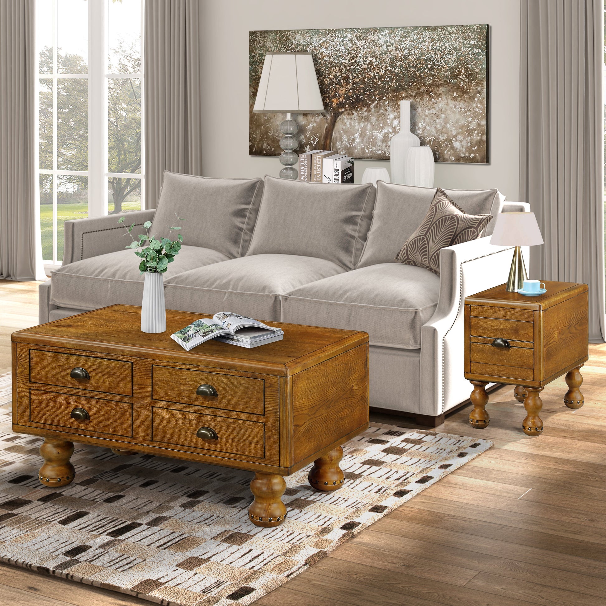 Solid wood end table, rectangular 23.6 inch narrow edge table with drawers, vintage bedside table， Antique Brown - Korvel
