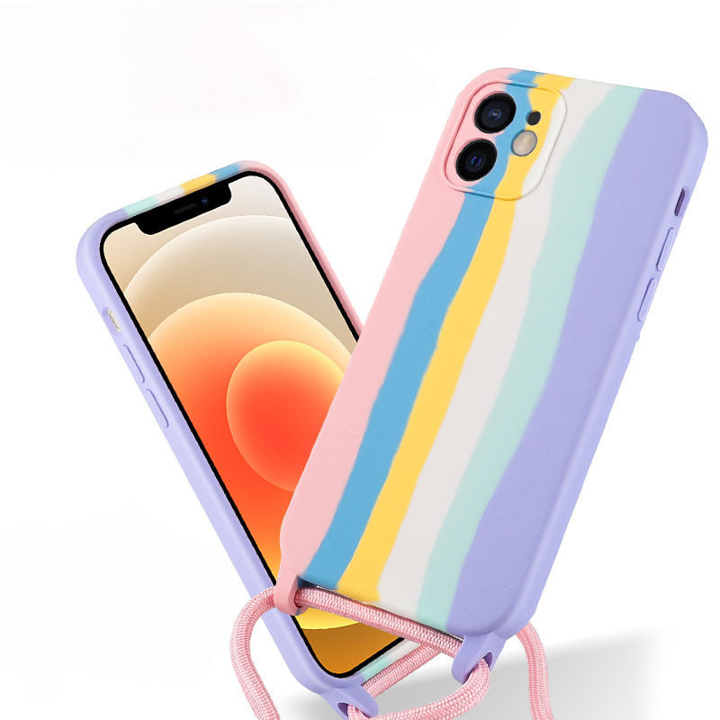 Premium Silicone Mobile Phone Cover with Rainbow Lanyard for Apple 13 Pro