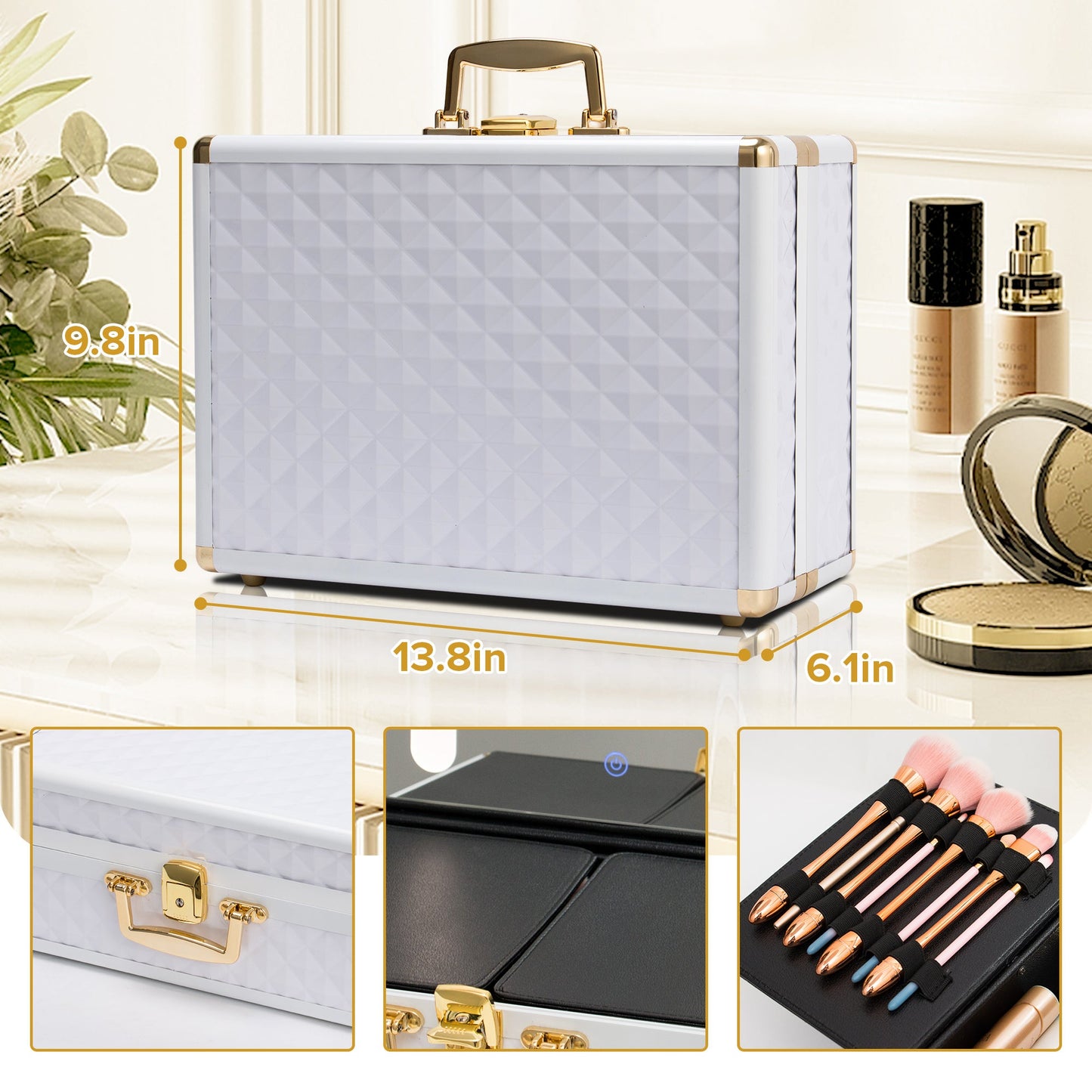 Portable makeup case, travel makeup bag with LED mirror, locked makeup storage box, brush holder, divider, rechargeable, white - Korvel