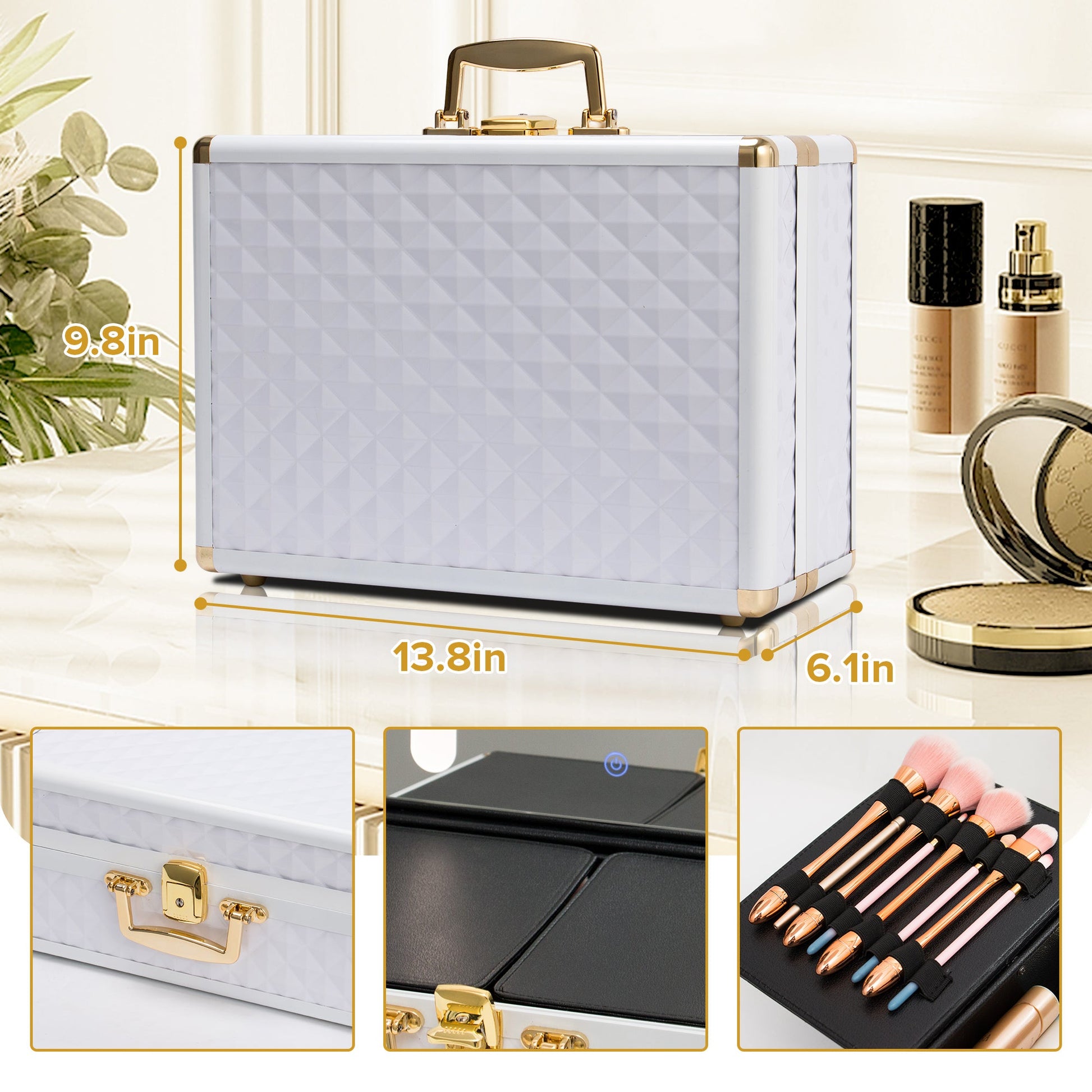 Portable makeup case, travel makeup bag with LED mirror, locked makeup storage box, brush holder, divider, rechargeable, white - Korvel